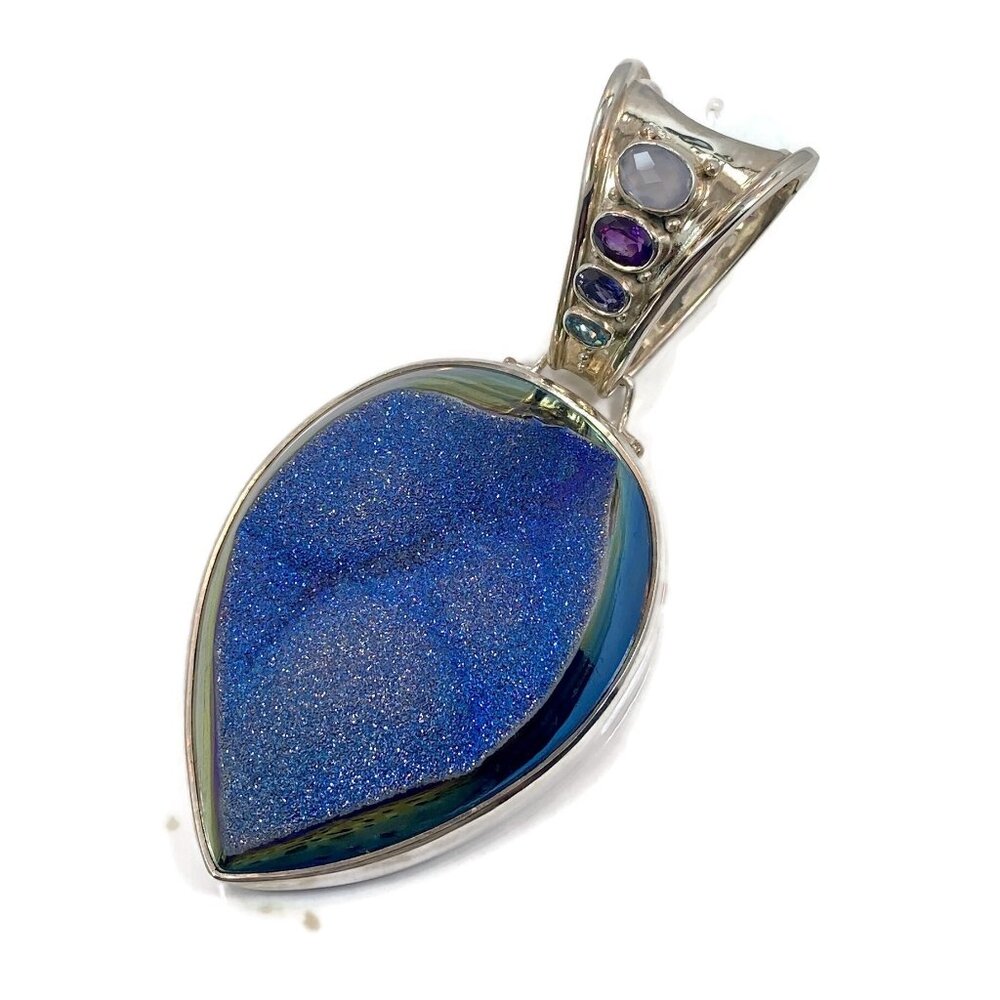 Druzy Pendant, Amethyst, Sterling Silver, Iolite, Blue Topaz, Calcedony, Sajen - Picture 2 of 7